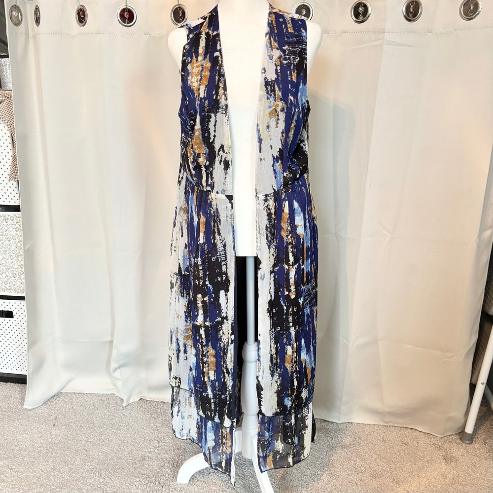 Womens Duster Vest Medium Abstract Longline Open Front Chiffon Artsy Boho 20556